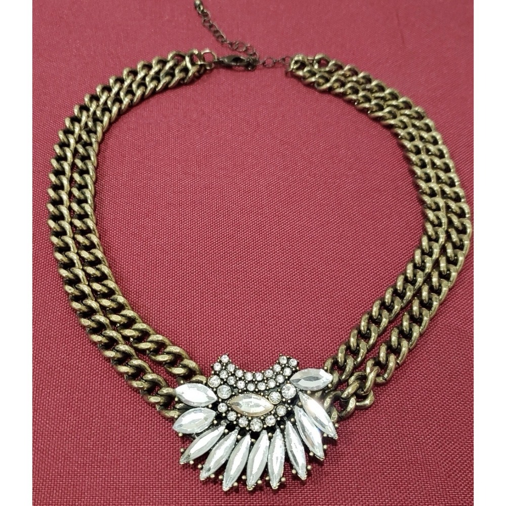 Vintage Womens Bronce Tone Double Chain Rhinestone Front Statement Necklace - Picture 10 of 12